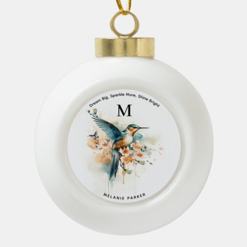 Watercolor Elegant Hummingbird Monogram With Name Ceramic Ball Christmas Ornament