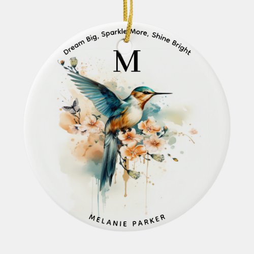 Watercolor Elegant Hummingbird Monogram With Name Ceramic Ornament