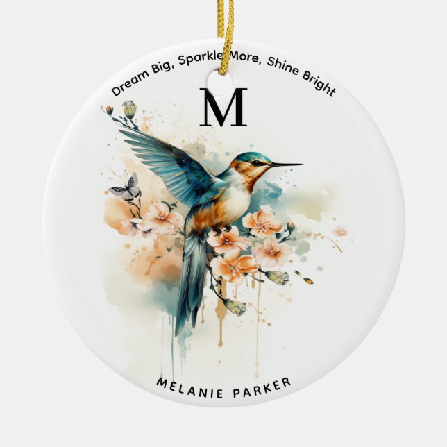Watercolor Elegant Hummingbird Monogram With Name Ceramic Ornament (Front)