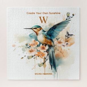 Watercolor Elegant Hummingbird Monogram With Name Jigsaw Puzzle