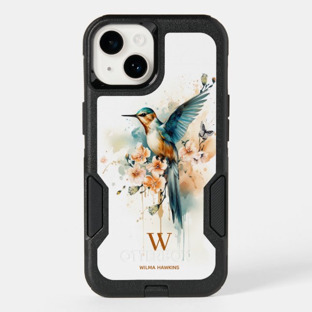 Watercolor Elegant Hummingbird Monogram With Name Otterbox iPhone Case (Back)
