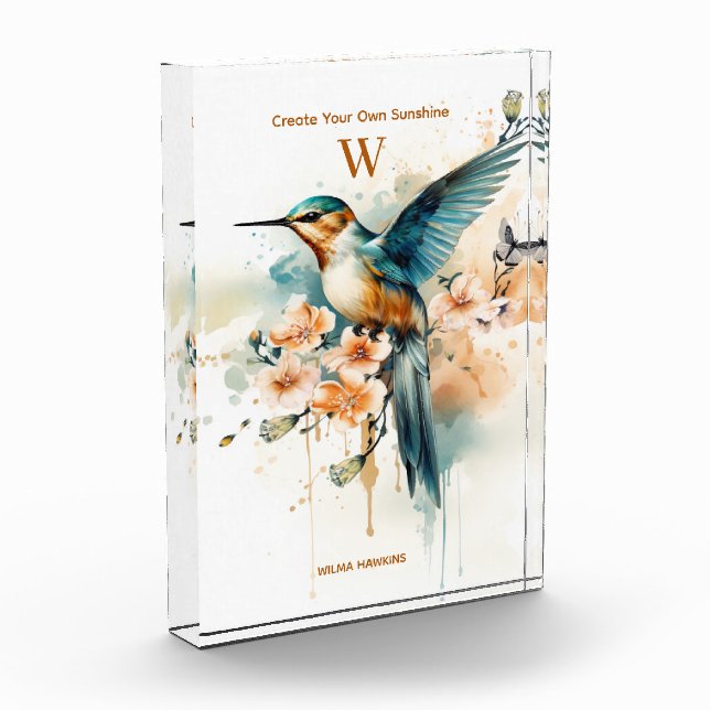 Watercolor Elegant Hummingbird Monogram With Name Photo Block (Left)
