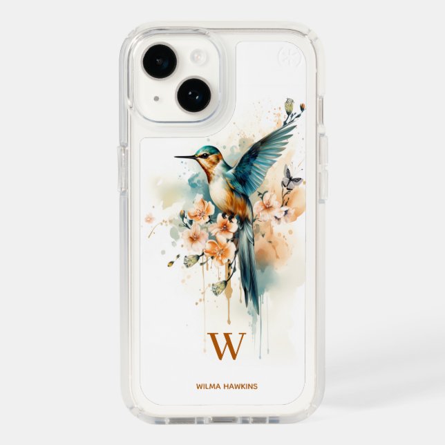 Watercolor Elegant Hummingbird Monogram With Name Speck iPhone Case (Front)