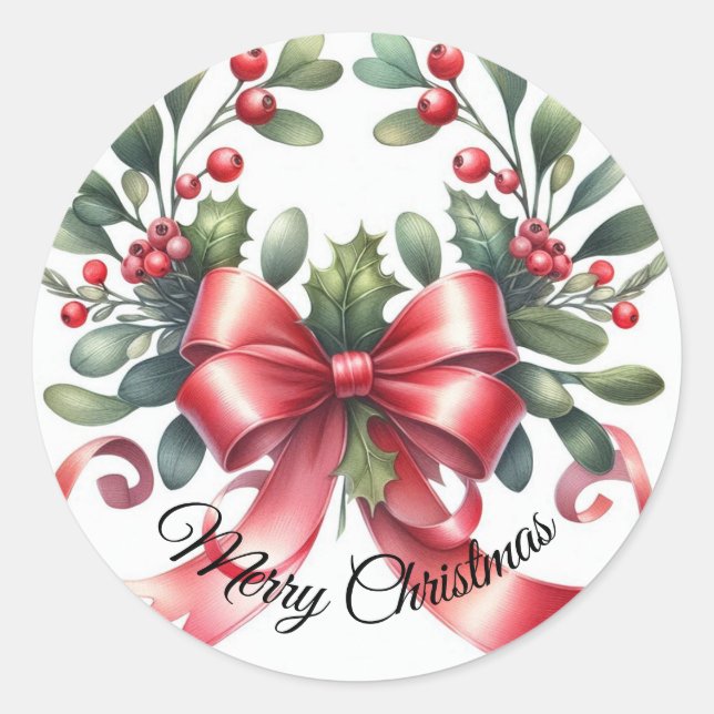 Watercolor elegant mistletoe Merry Christmas Classic Round Sticker (Front)