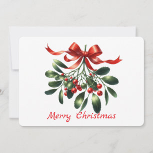 Watercolor elegant mistletoe with red ribbon holiday card