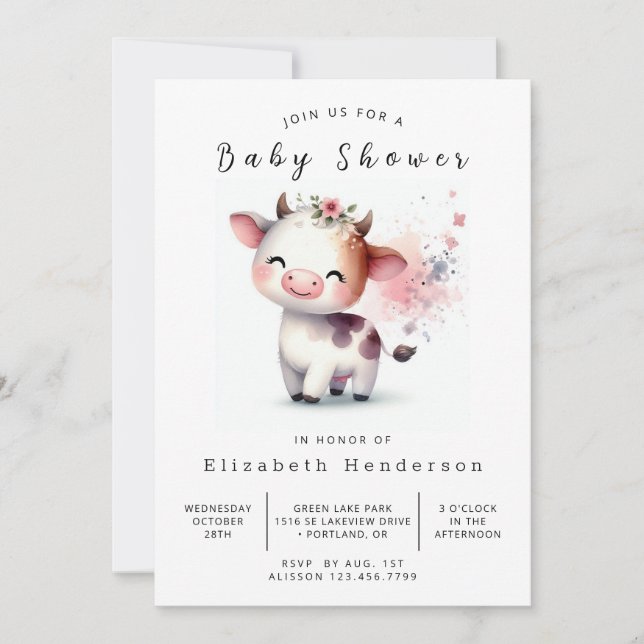 Watercolor Elegant Modern Cow Baby Shower Invitation (Front)