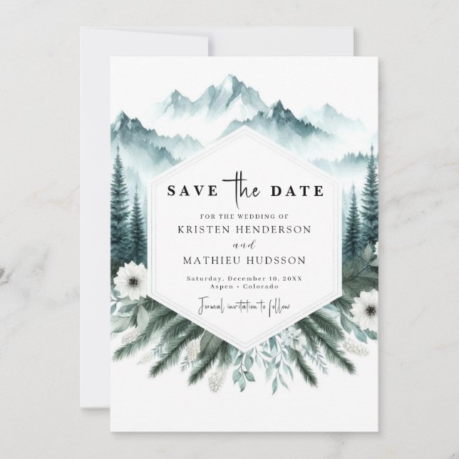  Watercolor Elegant Mountain Wedding Save The Date (Front)