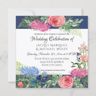 Watercolor Elegant Navy Blue n Pink Fern Floral Invitation