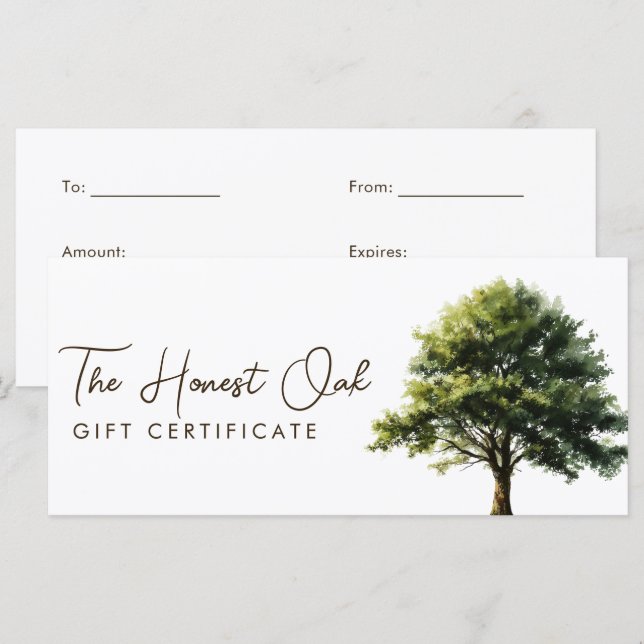 Watercolor Elegant Oak Tree Gift Certificate (Front/Back)