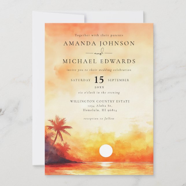 Watercolor Elegant Orange Beach Sunset Wedding Invitation (Front)