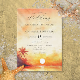 Watercolor Elegant Orange Beach Sunset Wedding Invitation