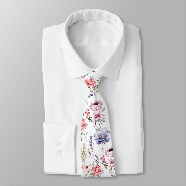 Watercolor Elegant Pastel Florals Neck Tie (Tied)