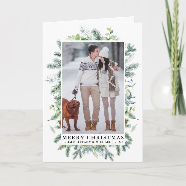 Watercolor Elegant Pine Frame Couple Photo Fold Holiday Card (Front)
