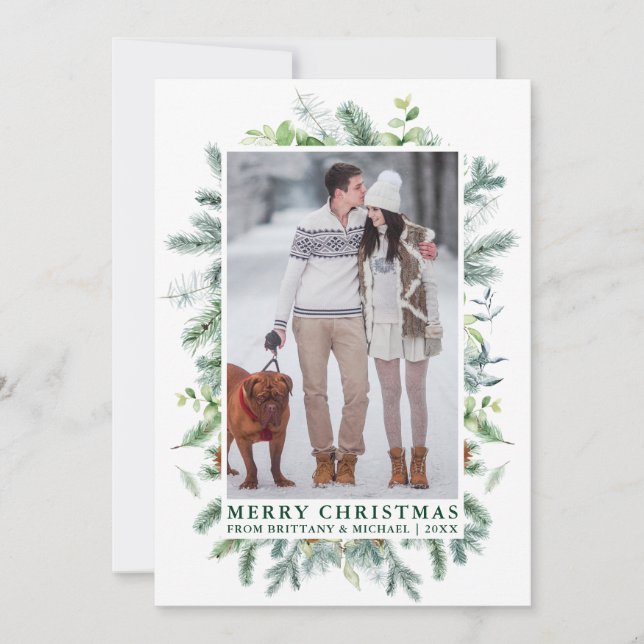 Watercolor Elegant Pine Frame Couple Photo Green Holiday Card (Front)