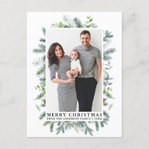Watercolor Elegant Pine Frame Family Christmas Postcard