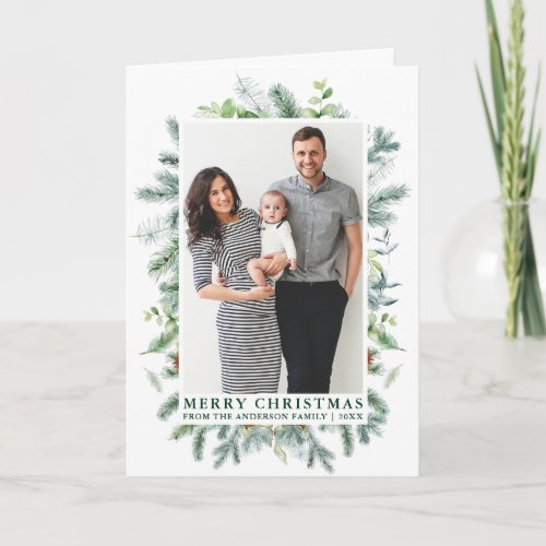 Watercolor Elegant Pine Frame Family Fold Green Holiday Card