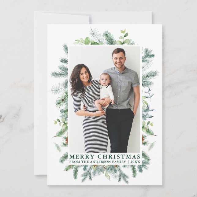 Watercolor Elegant Pine Frame Family Green Holiday Card (Front)