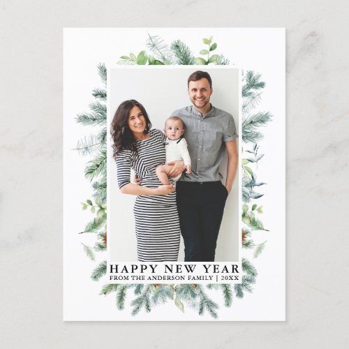 Watercolor Elegant Pine Frame Happy New Year Photo Postcard