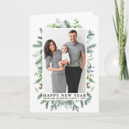 Watercolor Elegant Pine Frame Photo Happy New Year Holiday Card
