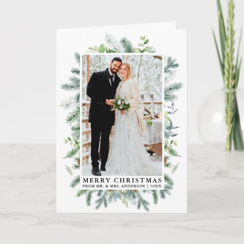 Watercolor Elegant Pine Frame Wedding Photo Fold Holiday Card