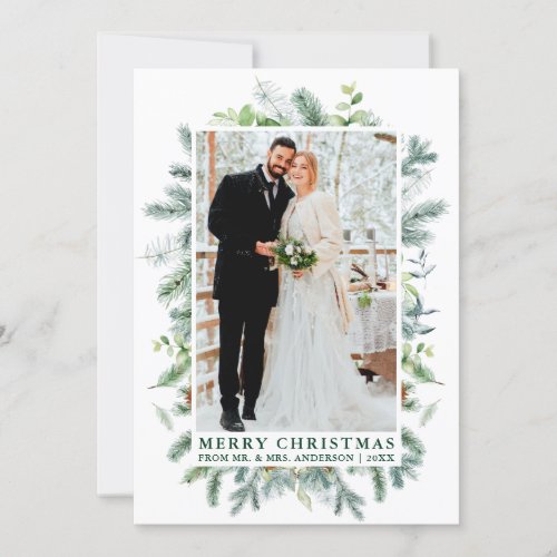 Watercolor Elegant Pine Frame Wedding Photo Green Holiday Card
