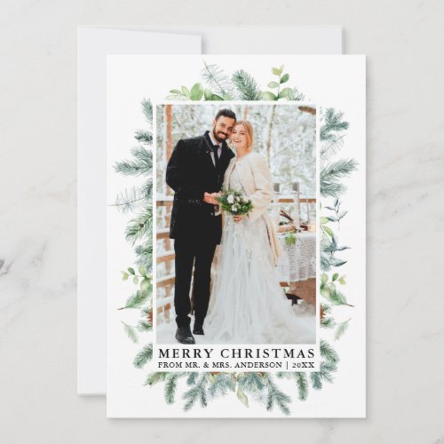 Watercolor Elegant Pine Frame Wedding Photo Holiday Card