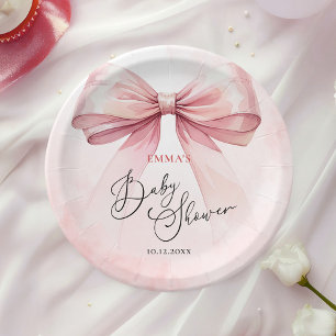 Watercolor Elegant Pink Bow Baby Shower Paper Plates