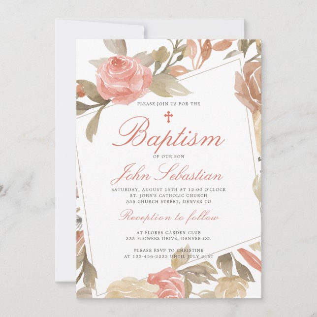 Watercolor Elegant Pink Floral Baptism Invitation (Front)