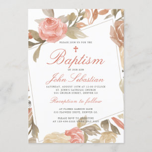 Watercolor Elegant Pink Floral Baptism Invitation