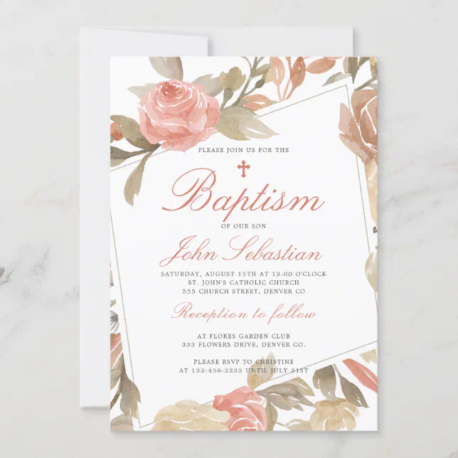 Watercolor Elegant Pink Floral Baptism Invitation | Zazzle