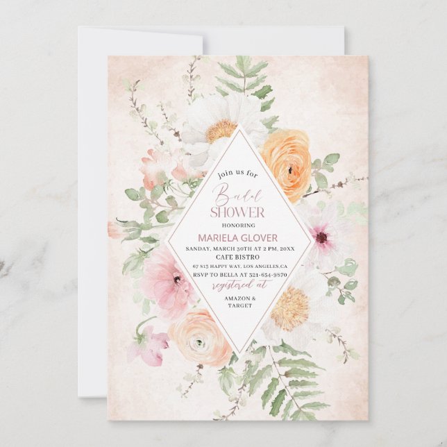 Watercolor Elegant  Pink  flowers Bridal Shower Invitation (Front)