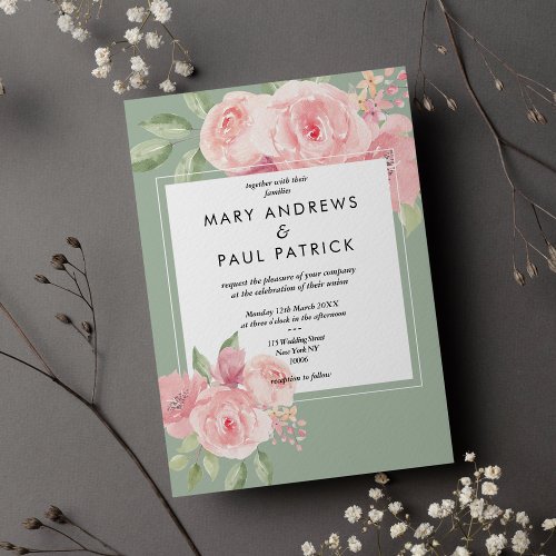 Watercolor elegant pink mint green floral Wedding Invitation