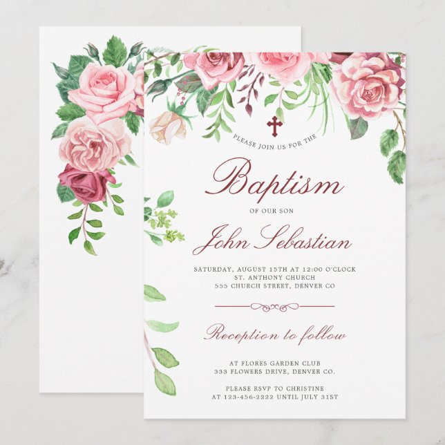 Watercolor Elegant Pink Roses Garden Baptism Invitation (Front/Back)