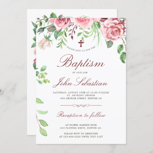 Watercolor Elegant Pink Roses Garden Baptism Invitation