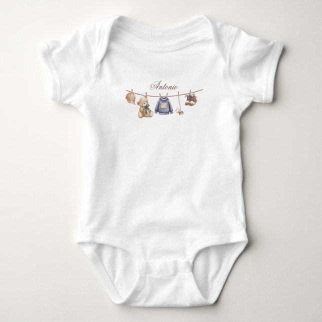 Watercolor Elegant Plaid Teddy Bear Baby Shower Baby Bodysuit (Front)