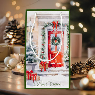Watercolor Elegant Red Door Christmas Small Gift Bag