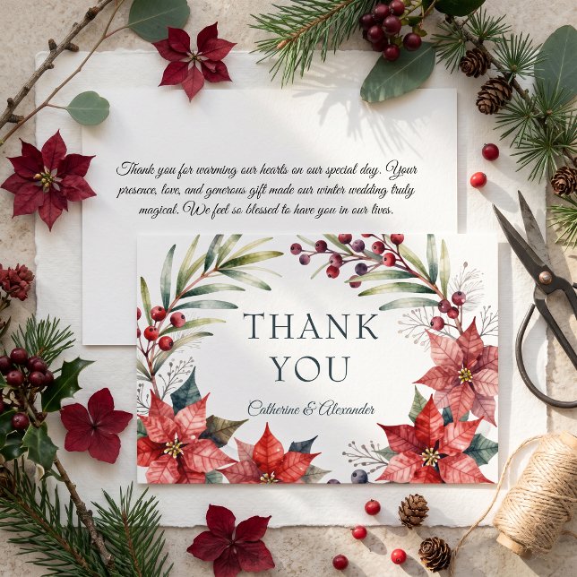 Watercolor Elegant Red Poinsettia Winter Wedding Thank You Card (Creator Uploaded)