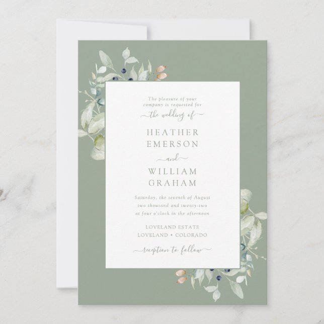 Watercolor Elegant Sage Green Botanical Wedding Invitation (Front)
