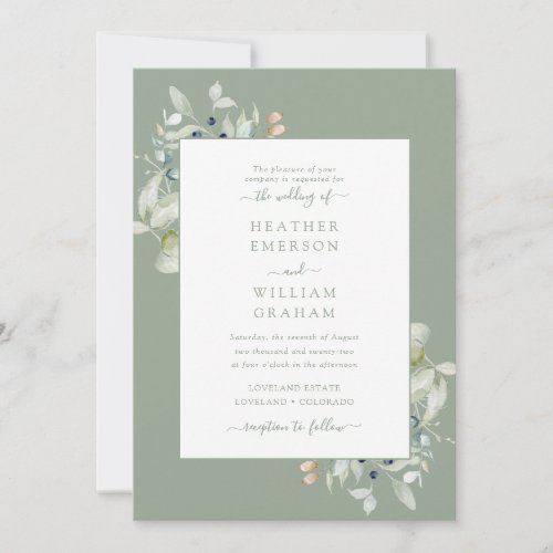 Watercolor Elegant Sage Green Botanical Wedding Invitation