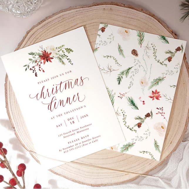 Watercolor Elegant Script Christmas Dinner Invitation (Elegant Christmas dinner invitation with watercolor greenery and calligraphy script.)
