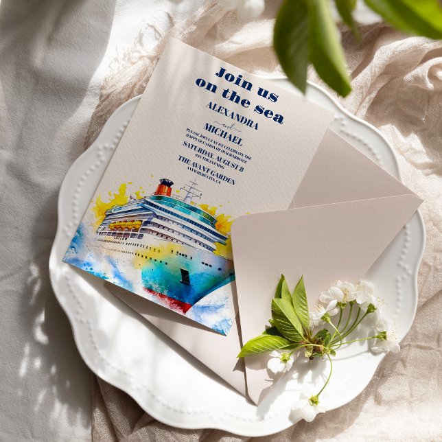 Watercolor Elegant Seascape Beach Cruise Wedding Invitation (Creator Uploaded)