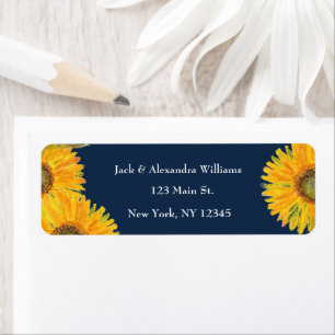 Watercolor Elegant Sunflower Boho Autumn Navy Blue Label