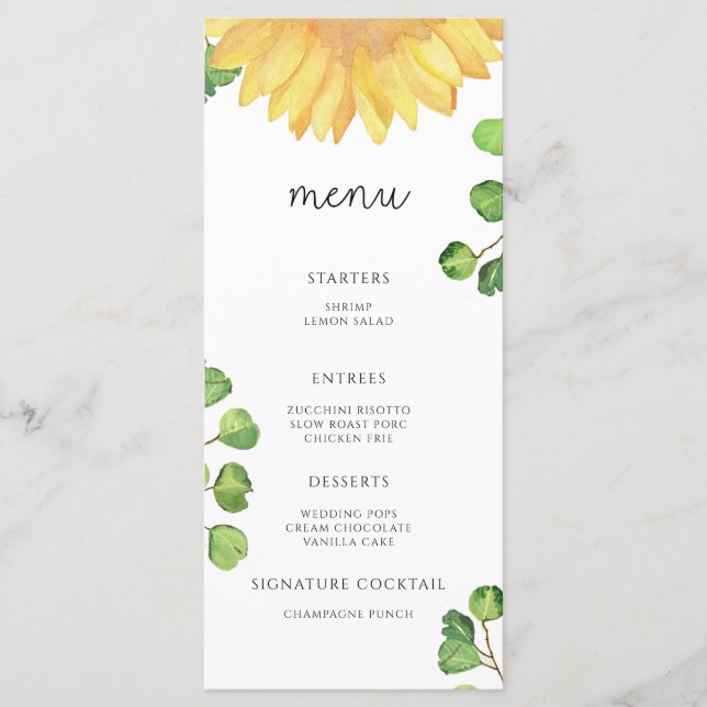 Watercolor elegant sunflower minimalist menu (Front)