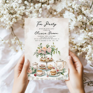 Watercolor Elegant Tea Party Birthday Invitation