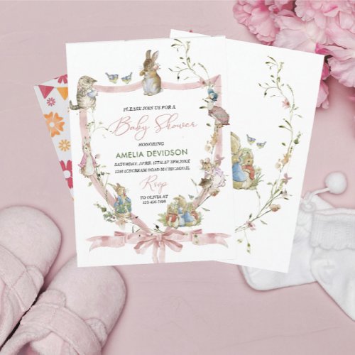 Watercolor Elegant Wildflower Peter Rabbit Baby Sh Invitation