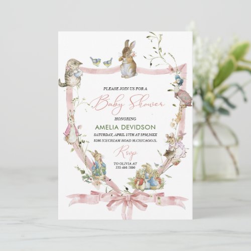 Watercolor Elegant Wildflower Peter Rabbit Baby Sh Invitation