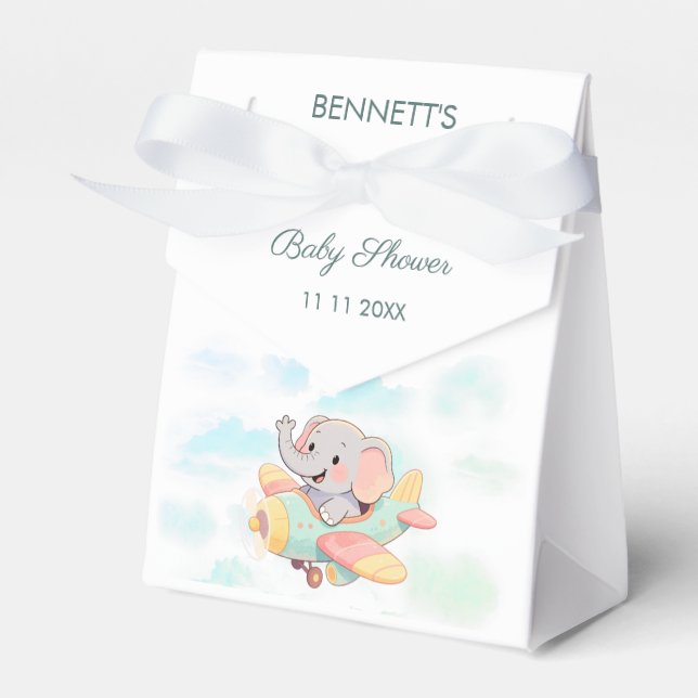 Watercolor Elephant Airplane Baby Shower Favor Box (Front Side)