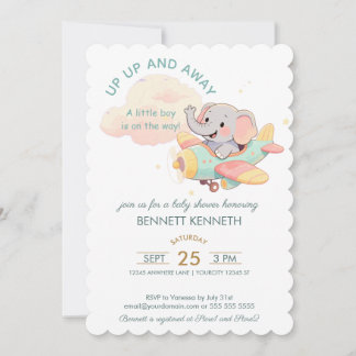 Watercolor Elephant Airplane Boy Invitation