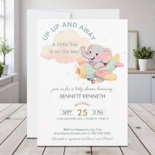 Watercolor Elephant Airplane Boy Invitation