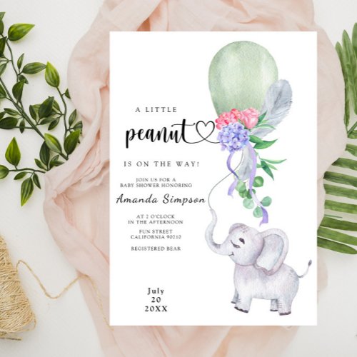 Watercolor Elephant and Balloon Baby Shower Invitation